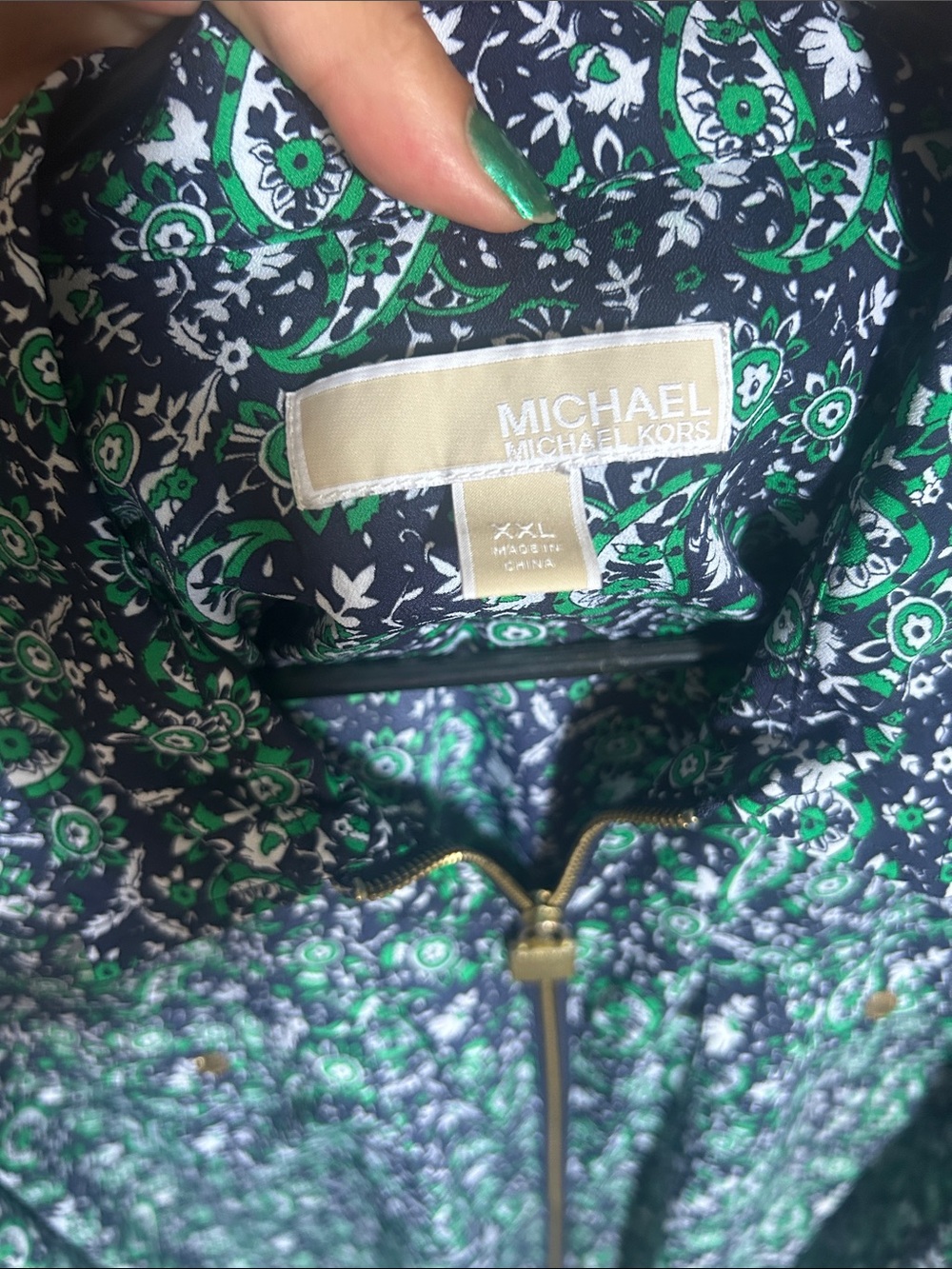 Michael Kors Navy and Green Floral Zip-Front blouse - Picture 2 of 5
